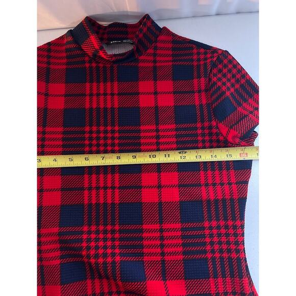 Red and Navy Blue Plaid Dress Women’s Fitted Short Sleeve - Picture 8 of 10